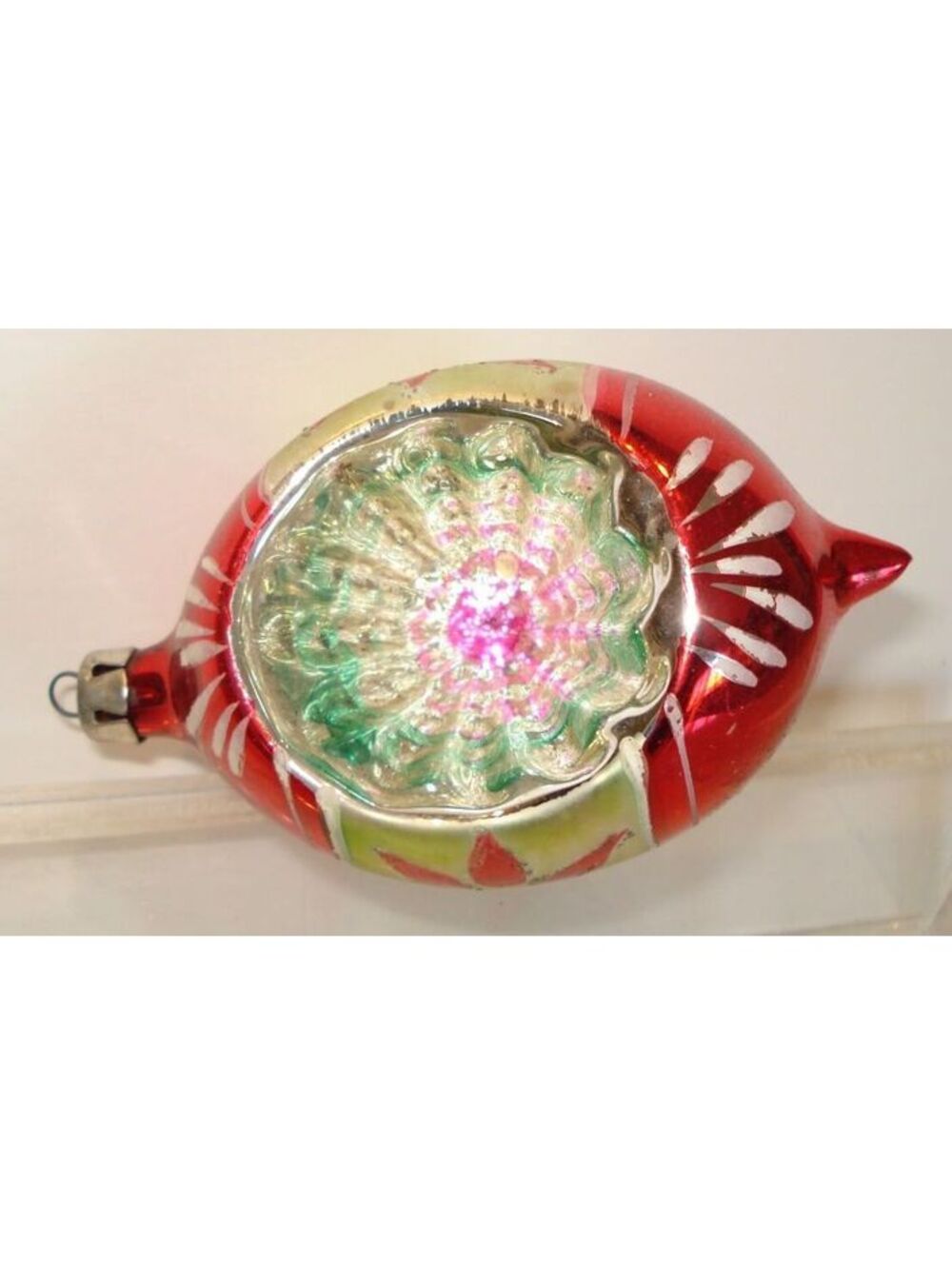 Vintage 50s Glass Christmas Ornament Teardrop Indent Reflector Poinsettia Poland